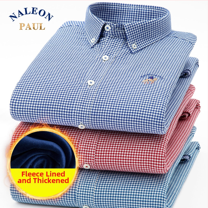 Meeste puuvillane särk pikkade varrukatega, fliisvooder, houndstooth muster, ruudukujuline krae