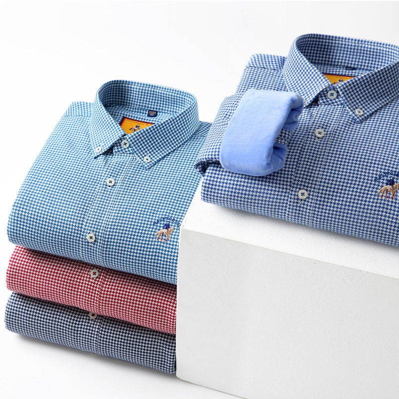 Meeste puuvillane särk pikkade varrukatega, fliisvooder, houndstooth muster, ruudukujuline krae