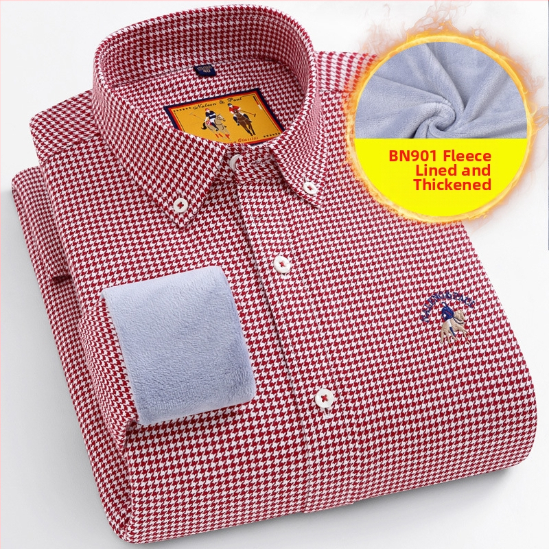 Meeste puuvillane särk pikkade varrukatega, fliisvooder, houndstooth muster, ruudukujuline krae