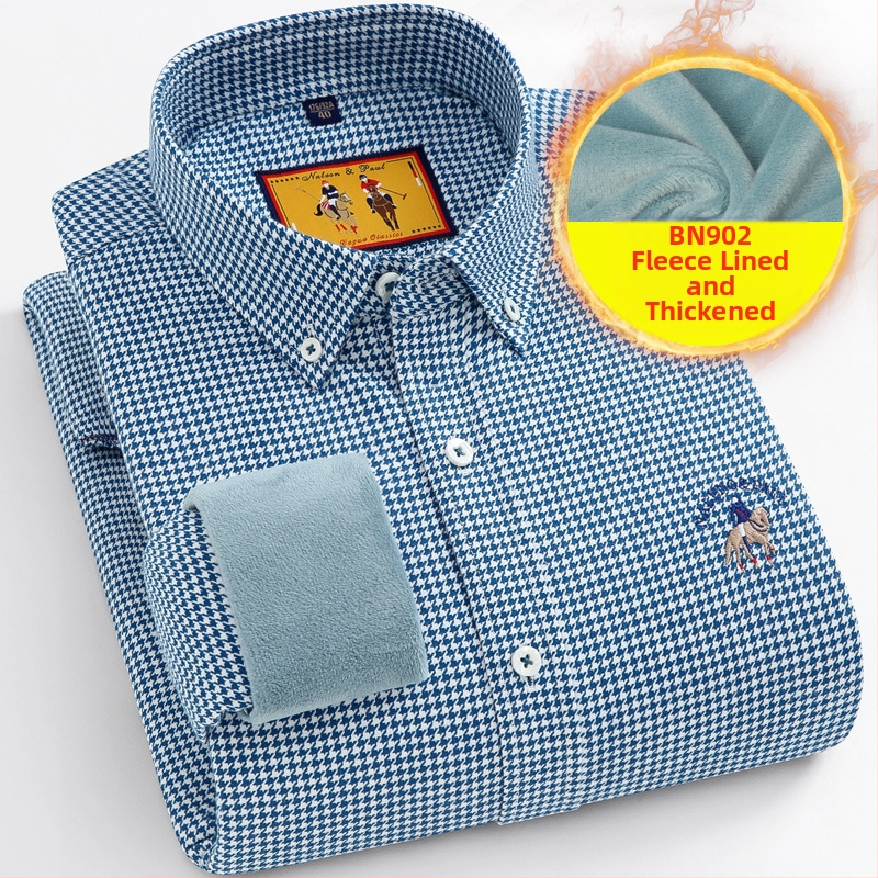 Meeste puuvillane särk pikkade varrukatega, fliisvooder, houndstooth muster, ruudukujuline krae