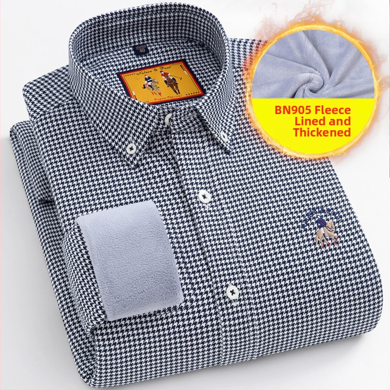 Meeste puuvillane särk pikkade varrukatega, fliisvooder, houndstooth muster, ruudukujuline krae