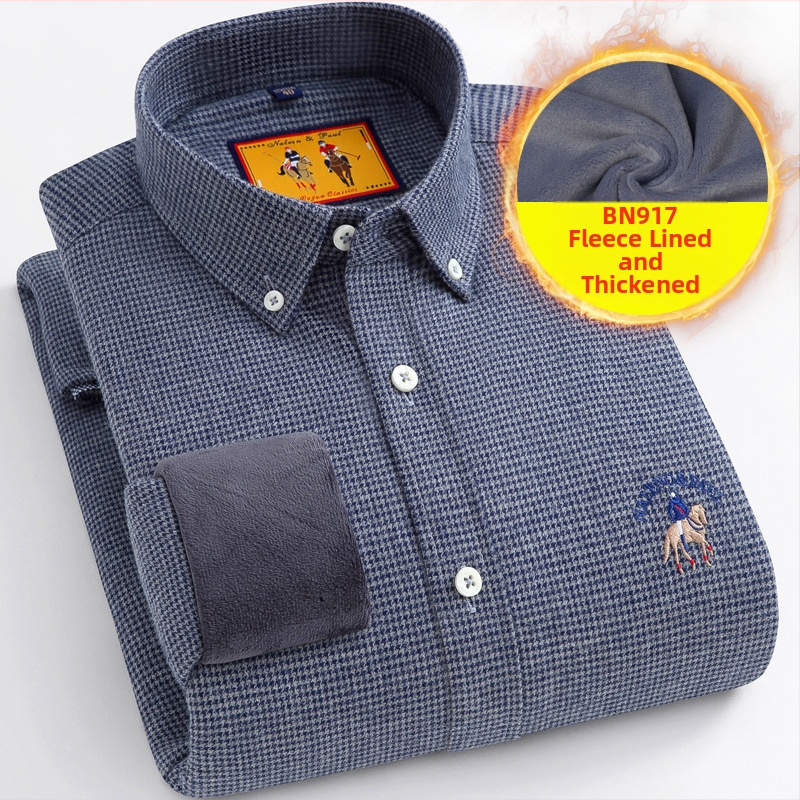 Meeste puuvillane särk pikkade varrukatega, fliisvooder, houndstooth muster, ruudukujuline krae