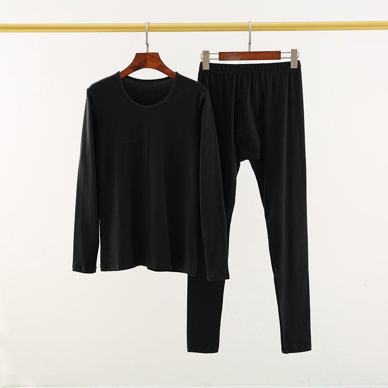 Мъжки термален комплект Lycra памук – тънък, V-образно деколте, дълги ръкави топ и панталони; чесан памук 95–100% основна материя, 181–200 г/м2