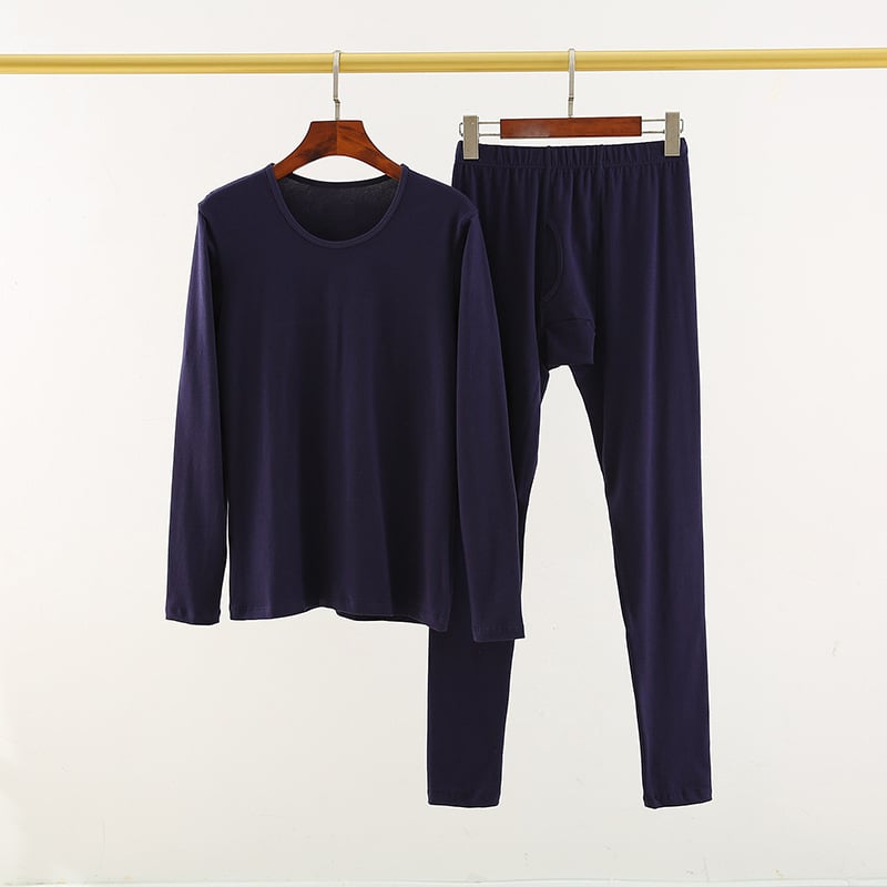 Мъжки термален комплект Lycra памук – тънък, V-образно деколте, дълги ръкави топ и панталони; чесан памук 95–100% основна материя, 181–200 г/м2