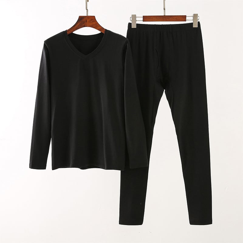 Мъжки термален комплект Lycra памук – тънък, V-образно деколте, дълги ръкави топ и панталони; чесан памук 95–100% основна материя, 181–200 г/м2