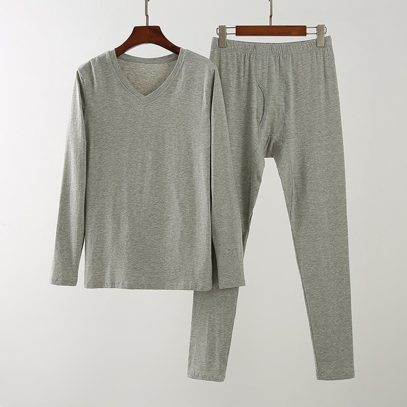 Мъжки термален комплект Lycra памук – тънък, V-образно деколте, дълги ръкави топ и панталони; чесан памук 95–100% основна материя, 181–200 г/м2