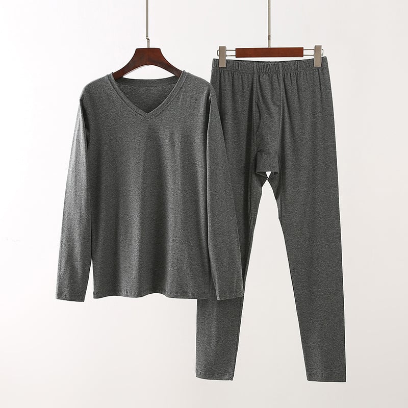 Мъжки термален комплект Lycra памук – тънък, V-образно деколте, дълги ръкави топ и панталони; чесан памук 95–100% основна материя, 181–200 г/м2