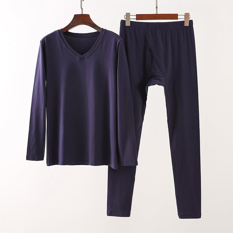 Мъжки термален комплект Lycra памук – тънък, V-образно деколте, дълги ръкави топ и панталони; чесан памук 95–100% основна материя, 181–200 г/м2