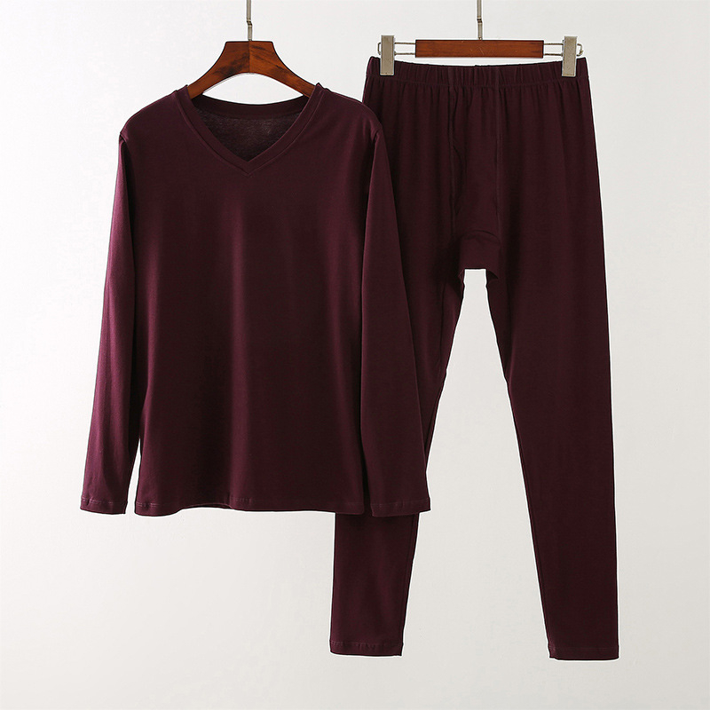 Мъжки термален комплект Lycra памук – тънък, V-образно деколте, дълги ръкави топ и панталони; чесан памук 95–100% основна материя, 181–200 г/м2