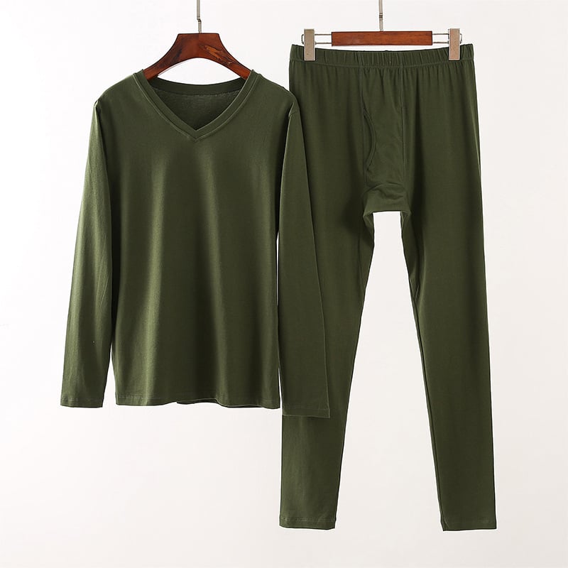 Мъжки термален комплект Lycra памук – тънък, V-образно деколте, дълги ръкави топ и панталони; чесан памук 95–100% основна материя, 181–200 г/м2