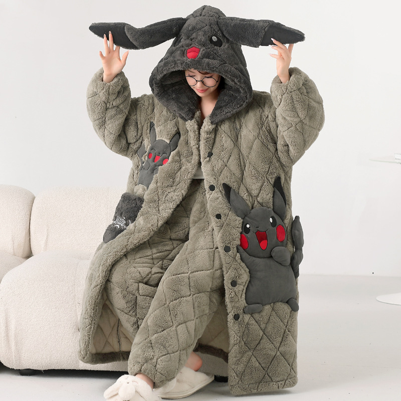 Ženski zimski ogrtač i set pidžama od koralnog flisa, dugi, debeli, s trostrukom punom, plus veličina