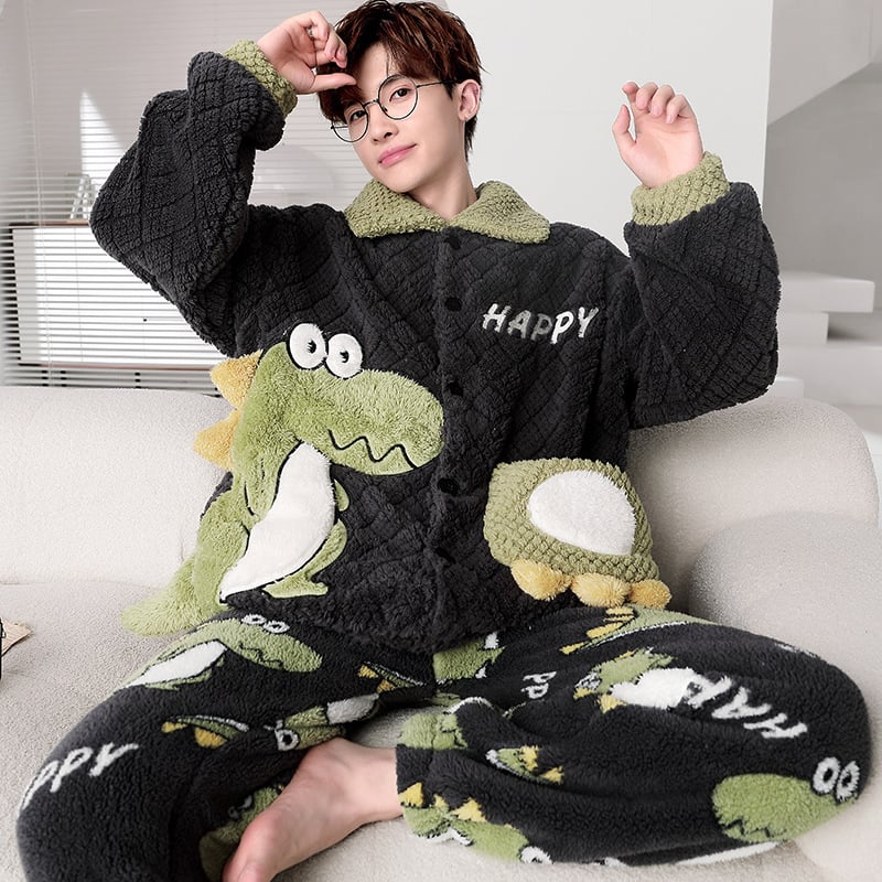 Vyriski pižamos komplektas iš koralo veliūro fliso su kardiganu – stora, šilta, ilgos rankovės ir kelnės, poliesteris 90–95%, žiema, namų dėvėjimui