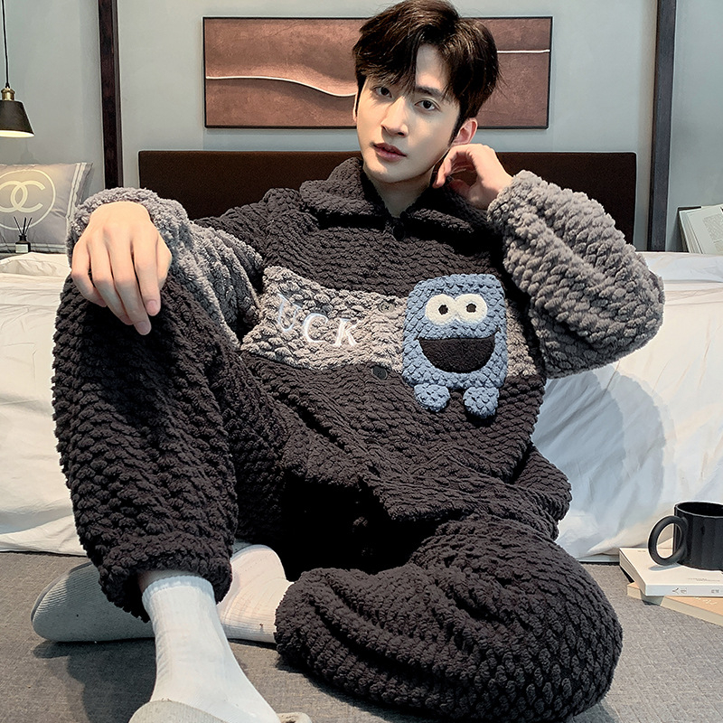 Vyriski pižamos komplektas iš koralo veliūro fliso su kardiganu – stora, šilta, ilgos rankovės ir kelnės, poliesteris 90–95%, žiema, namų dėvėjimui