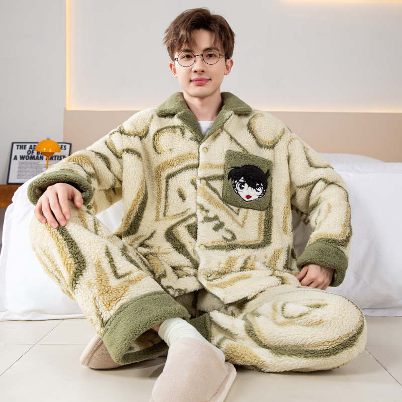 Vyriski pižamos komplektas iš koralo veliūro fliso su kardiganu – stora, šilta, ilgos rankovės ir kelnės, poliesteris 90–95%, žiema, namų dėvėjimui