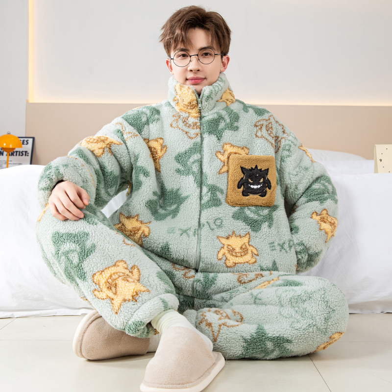 Vyriski pižamos komplektas iš koralo veliūro fliso su kardiganu – stora, šilta, ilgos rankovės ir kelnės, poliesteris 90–95%, žiema, namų dėvėjimui