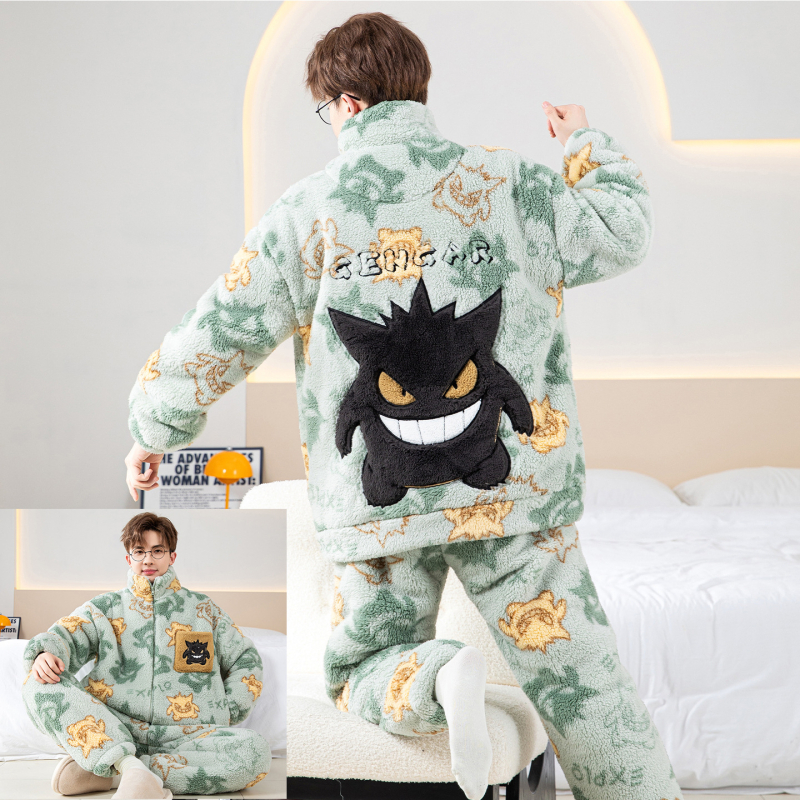 Vyriski pižamos komplektas iš koralo veliūro fliso su kardiganu – stora, šilta, ilgos rankovės ir kelnės, poliesteris 90–95%, žiema, namų dėvėjimui