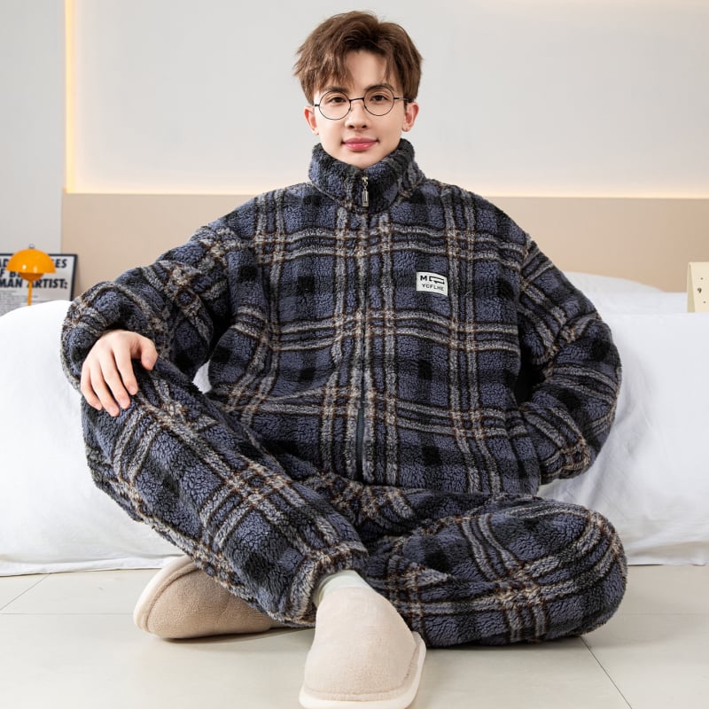 Vyriski pižamos komplektas iš koralo veliūro fliso su kardiganu – stora, šilta, ilgos rankovės ir kelnės, poliesteris 90–95%, žiema, namų dėvėjimui