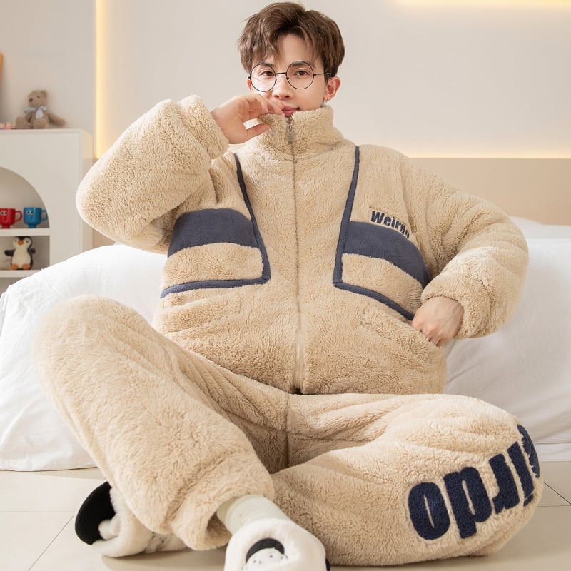 Vyriski pižamos komplektas iš koralo veliūro fliso su kardiganu – stora, šilta, ilgos rankovės ir kelnės, poliesteris 90–95%, žiema, namų dėvėjimui