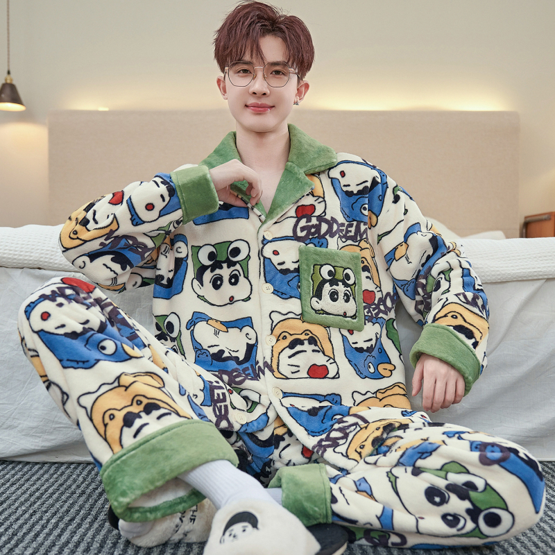 Vyriski pižamos komplektas iš koralo veliūro fliso su kardiganu – stora, šilta, ilgos rankovės ir kelnės, poliesteris 90–95%, žiema, namų dėvėjimui