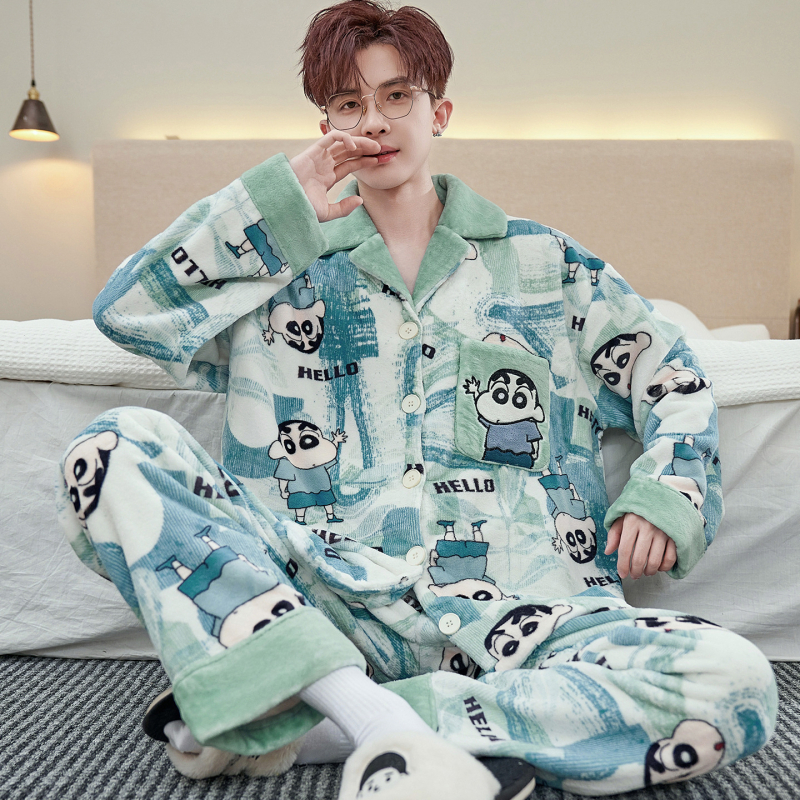 Vyriski pižamos komplektas iš koralo veliūro fliso su kardiganu – stora, šilta, ilgos rankovės ir kelnės, poliesteris 90–95%, žiema, namų dėvėjimui