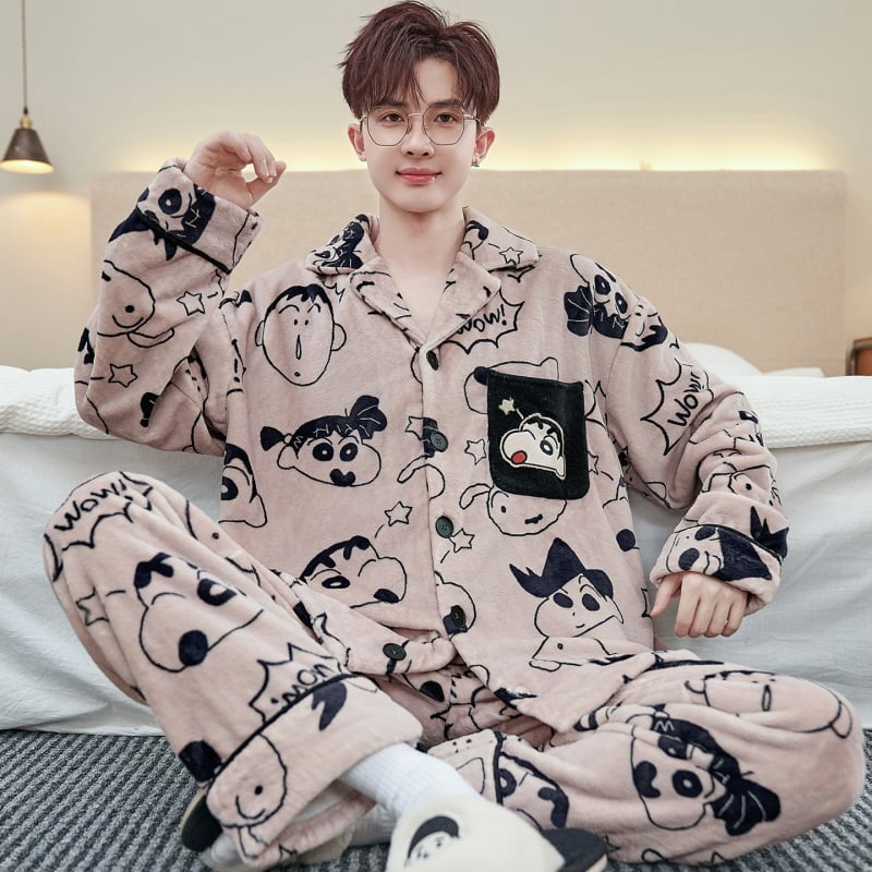 Vyriski pižamos komplektas iš koralo veliūro fliso su kardiganu – stora, šilta, ilgos rankovės ir kelnės, poliesteris 90–95%, žiema, namų dėvėjimui