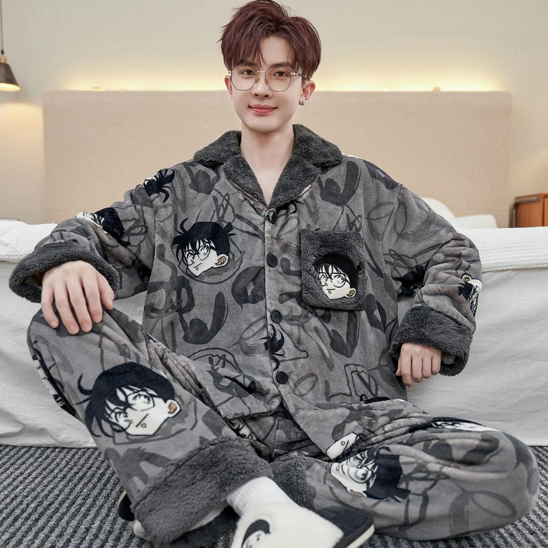 Vyriski pižamos komplektas iš koralo veliūro fliso su kardiganu – stora, šilta, ilgos rankovės ir kelnės, poliesteris 90–95%, žiema, namų dėvėjimui