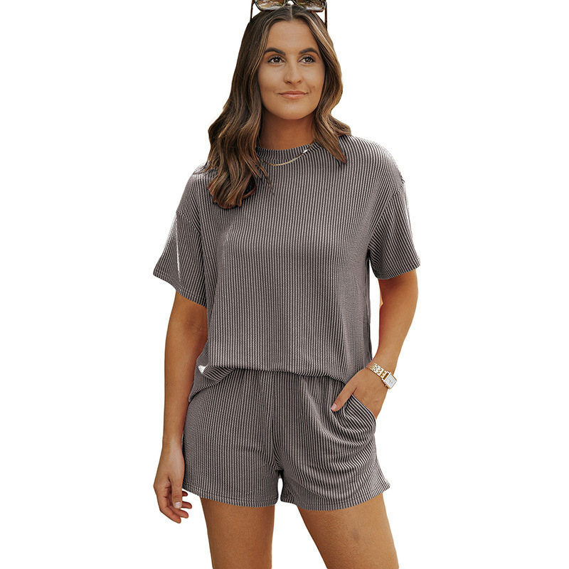 Shiying Дамски двучленен ежедневен комплект — топ с къси ръкави и къси панталони, полиестер-вискозна смес, стандартни ръкави, японско/корейски стил