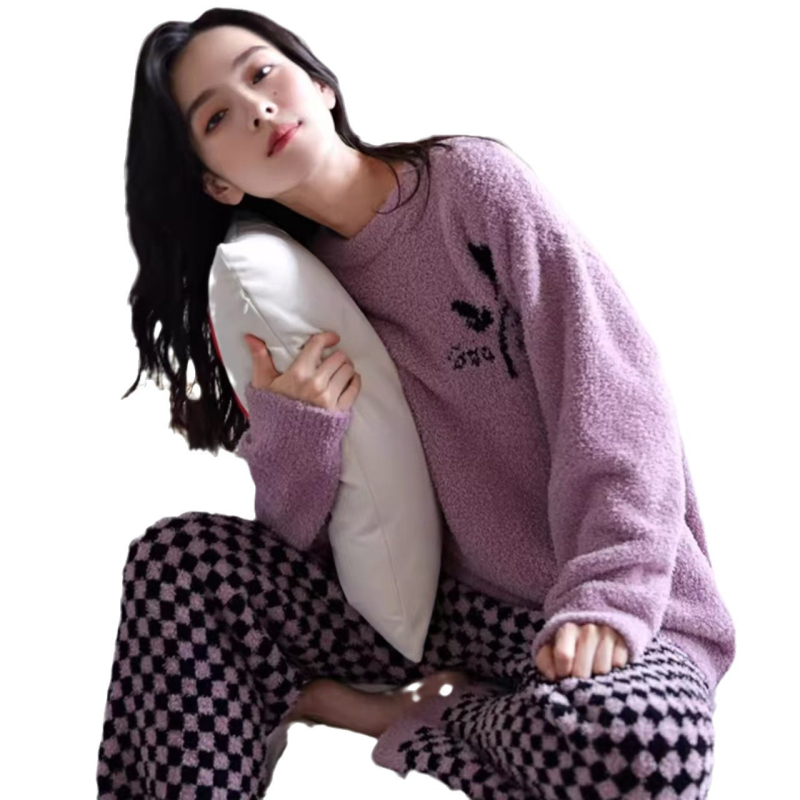 Pijamale Coral Velvet, căptușite gros, guler rotund, mâneci lungi, pantaloni