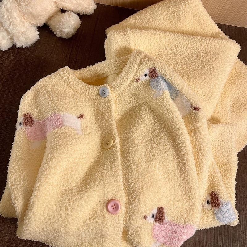 Pijamale Coral Velvet, căptușite gros, guler rotund, mâneci lungi, pantaloni