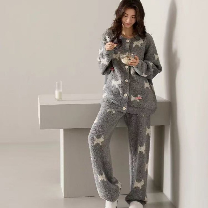 Pijamale Coral Velvet, căptușite gros, guler rotund, mâneci lungi, pantaloni