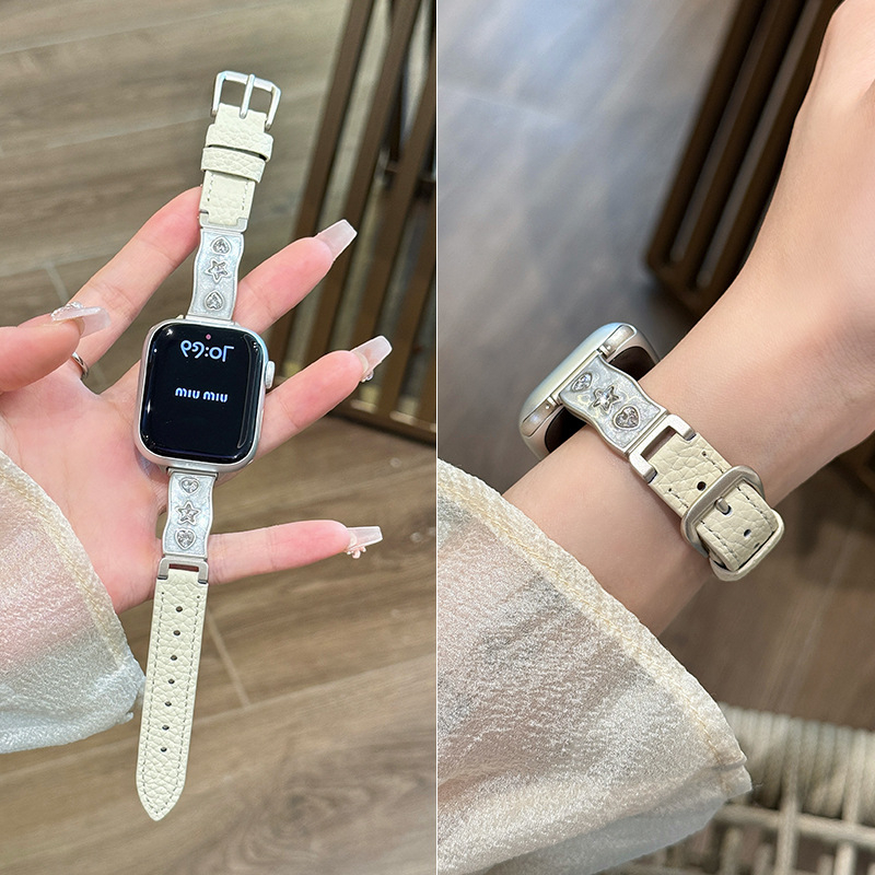 Staklena dijamantna polubrašna narukvica s kožnim remenom za Apple Watch, 38–49 mm