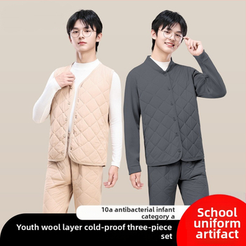 Unisex trodjelni set školskih uniform od ovčje vune: debeli kardigan s polugornim ovratnikom, prsluk i hlače, velur podstava, gustoća materijala 401–500 g/m2, uzrast 13–18 godina