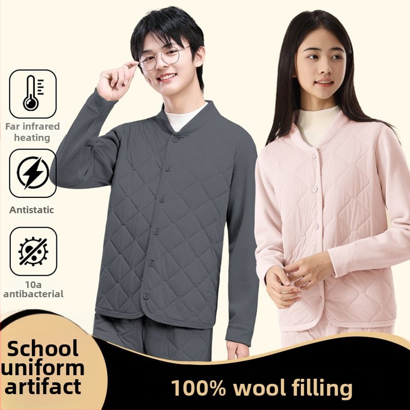 Unisex trodjelni set školskih uniform od ovčje vune: debeli kardigan s polugornim ovratnikom, prsluk i hlače, velur podstava, gustoća materijala 401–500 g/m2, uzrast 13–18 godina