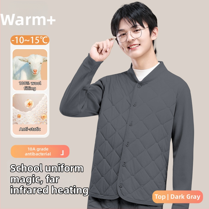 Unisex trodjelni set školskih uniform od ovčje vune: debeli kardigan s polugornim ovratnikom, prsluk i hlače, velur podstava, gustoća materijala 401–500 g/m2, uzrast 13–18 godina