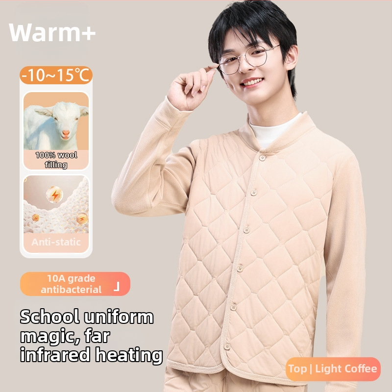 Unisex trodjelni set školskih uniform od ovčje vune: debeli kardigan s polugornim ovratnikom, prsluk i hlače, velur podstava, gustoća materijala 401–500 g/m2, uzrast 13–18 godina