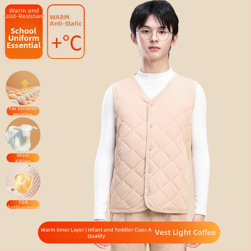 Unisex trodjelni set školskih uniform od ovčje vune: debeli kardigan s polugornim ovratnikom, prsluk i hlače, velur podstava, gustoća materijala 401–500 g/m2, uzrast 13–18 godina