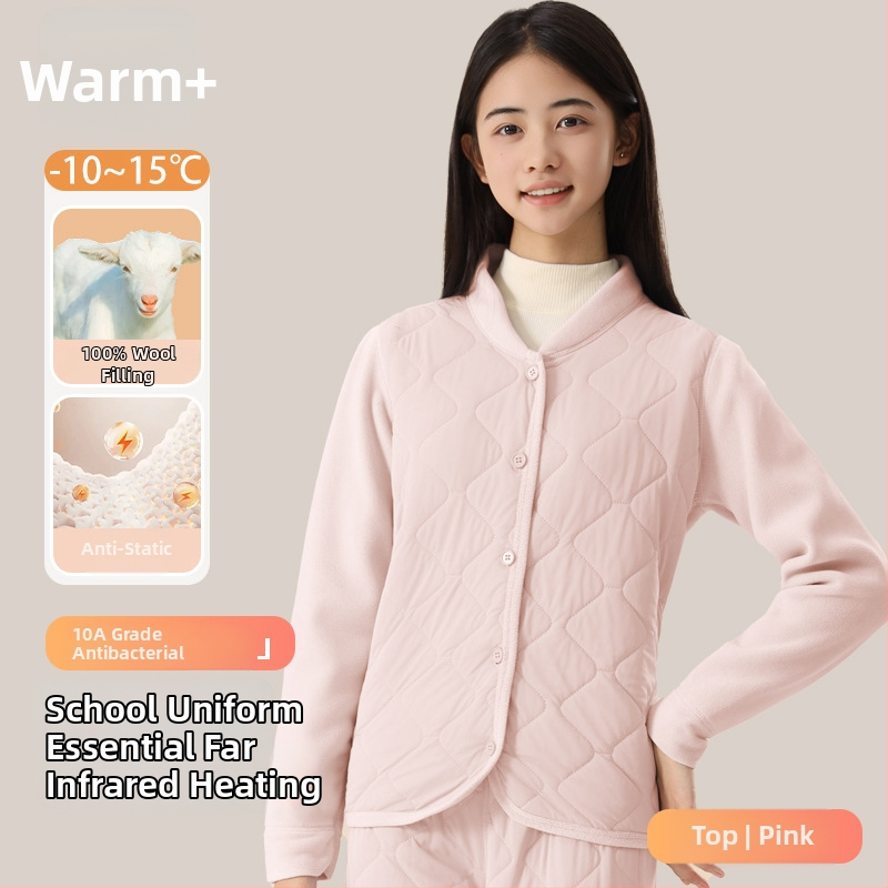 Unisex trodjelni set školskih uniform od ovčje vune: debeli kardigan s polugornim ovratnikom, prsluk i hlače, velur podstava, gustoća materijala 401–500 g/m2, uzrast 13–18 godina