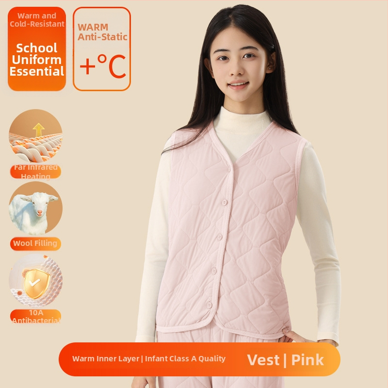 Unisex trodjelni set školskih uniform od ovčje vune: debeli kardigan s polugornim ovratnikom, prsluk i hlače, velur podstava, gustoća materijala 401–500 g/m2, uzrast 13–18 godina