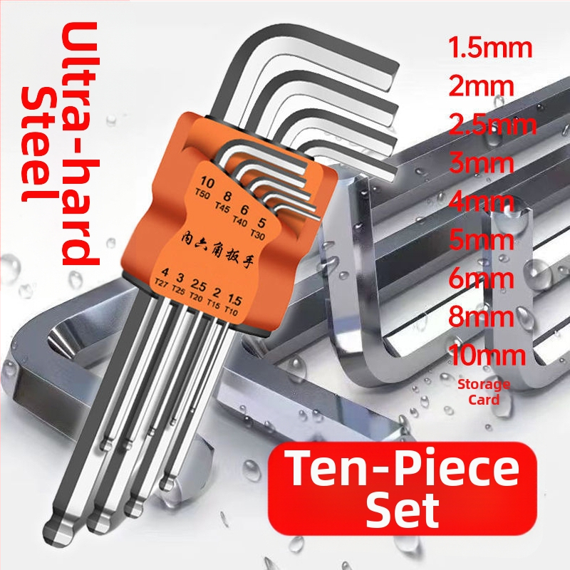 Sada vnútorných šesťuholníkových kľúčov, L-tvar, desať kusov, z tvrdej chróm-molybden-vanádovej ocele