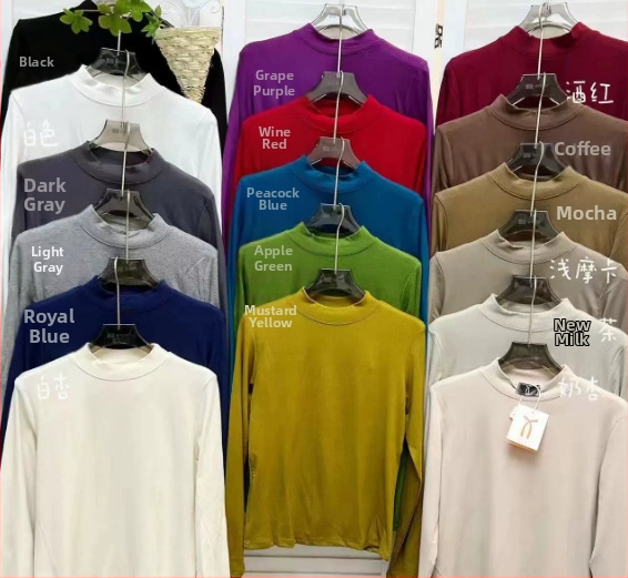 Modalinis pagrindinis topas su puse aukšto kaklo, ilgomis rankovėmis, laisvas kirpimas, žiema 2025