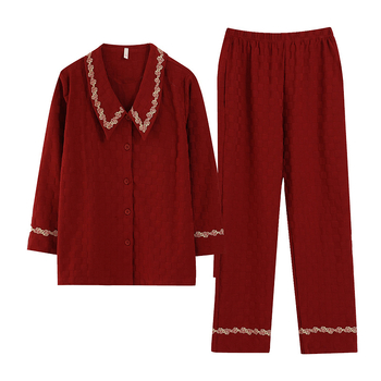 Crvena ženska pidžama s kardiganom od pamuka, udoban kućni outfit, luksuzan stil, V izrez, dugi rukavi, hlače, za proljeće i jesen.