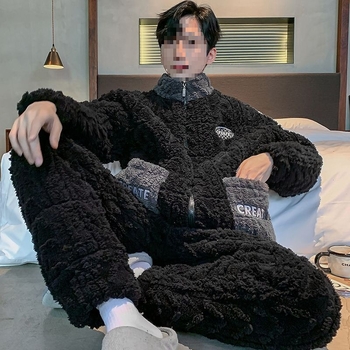 Žiemos pižamų komplektas - elastinis medvilnės audinys, stora fliso apdaila, stovima apykaklė, ilgos rankovės