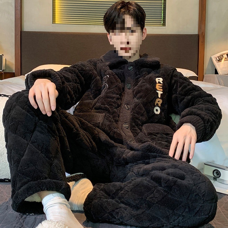 Žiemos pižamų komplektas - elastinis medvilnės audinys, stora fliso apdaila, stovima apykaklė, ilgos rankovės