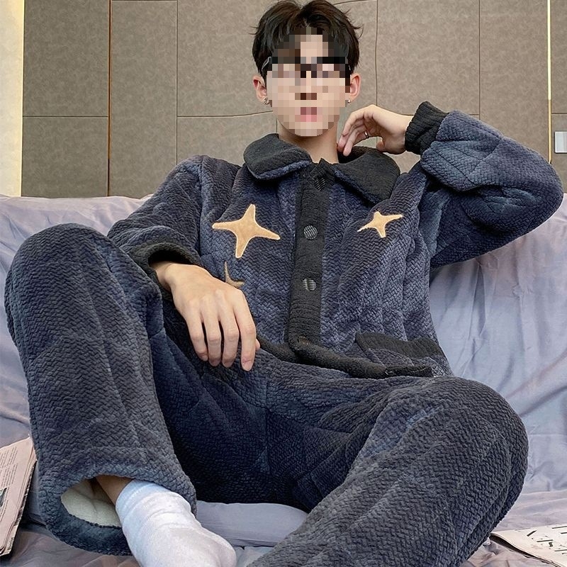 Žiemos pižamų komplektas - elastinis medvilnės audinys, stora fliso apdaila, stovima apykaklė, ilgos rankovės