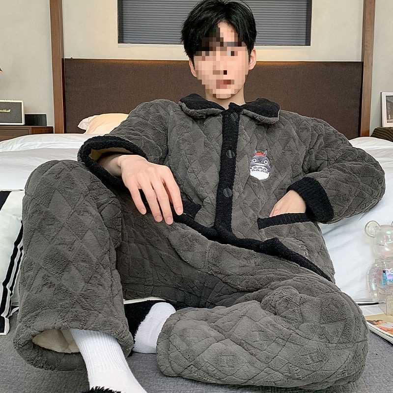 Žiemos pižamų komplektas - elastinis medvilnės audinys, stora fliso apdaila, stovima apykaklė, ilgos rankovės