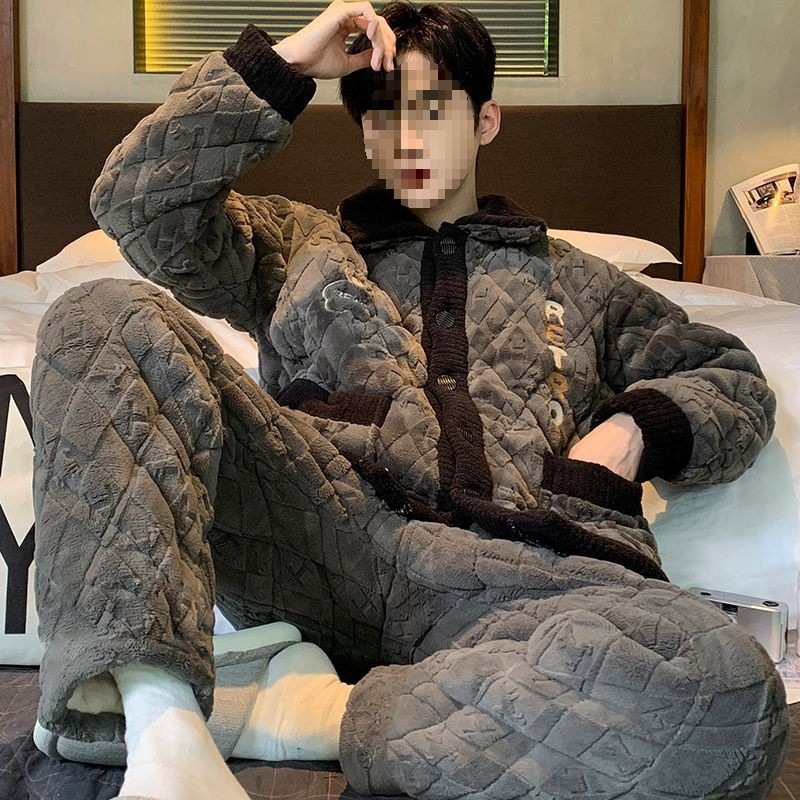 Žiemos pižamų komplektas - elastinis medvilnės audinys, stora fliso apdaila, stovima apykaklė, ilgos rankovės