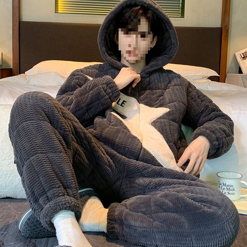 Žiemos pižamų komplektas - elastinis medvilnės audinys, stora fliso apdaila, stovima apykaklė, ilgos rankovės