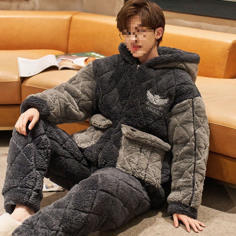 Žiemos pižamų komplektas - elastinis medvilnės audinys, stora fliso apdaila, stovima apykaklė, ilgos rankovės