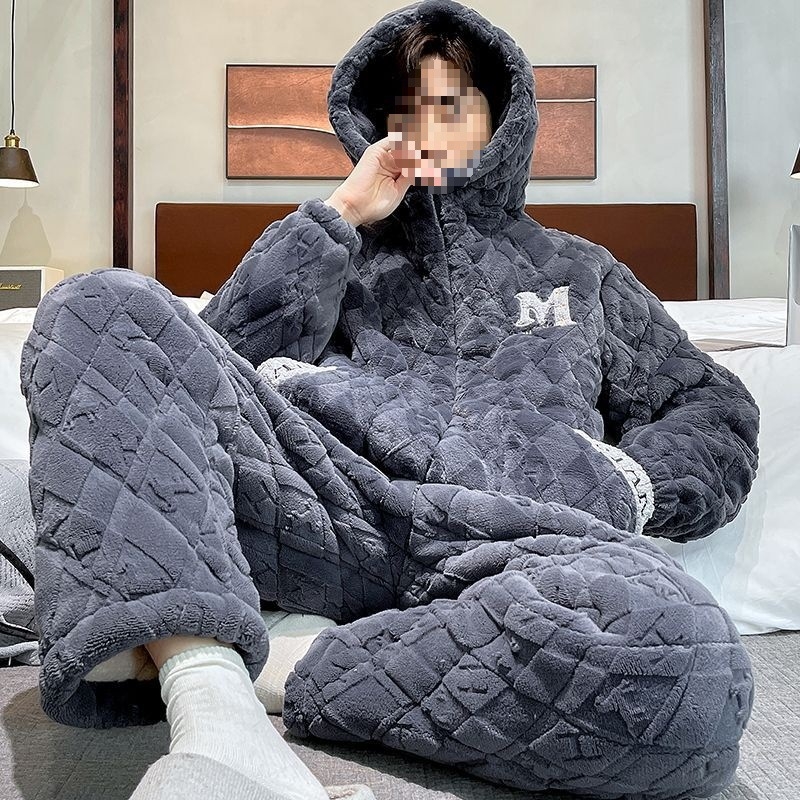 Žiemos pižamų komplektas - elastinis medvilnės audinys, stora fliso apdaila, stovima apykaklė, ilgos rankovės