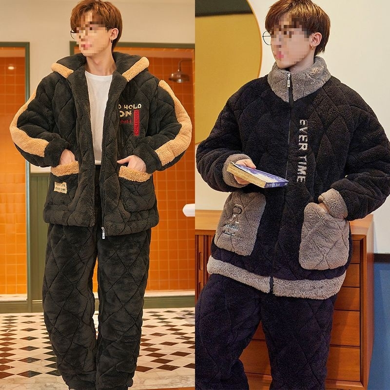 Žiemos pižamų komplektas - elastinis medvilnės audinys, stora fliso apdaila, stovima apykaklė, ilgos rankovės